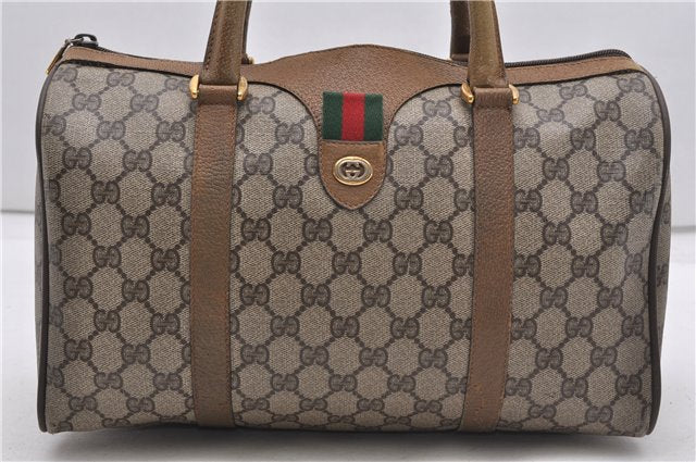Authentic GUCCI Web Sherry Line Hand Boston Bag GG PVC Leather Brown 0932G