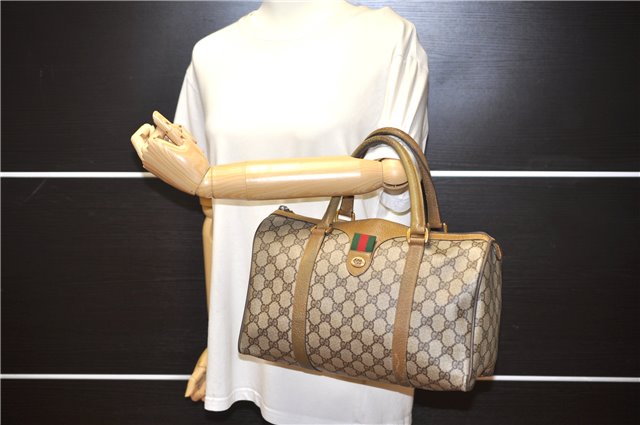 Authentic GUCCI Web Sherry Line Hand Boston Bag GG PVC Leather Brown 0932G