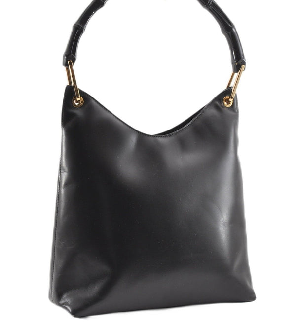 Authentic GUCCI Vintage Bamboo Shoulder Hand Bag Leather 0013007 Black 0934G
