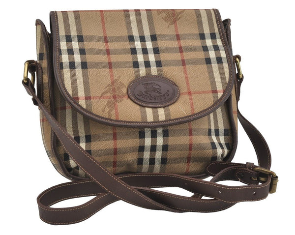 Authentic Burberrys Nova Check Shoulder Cross Body Bag PVC Leather Beige 0934I