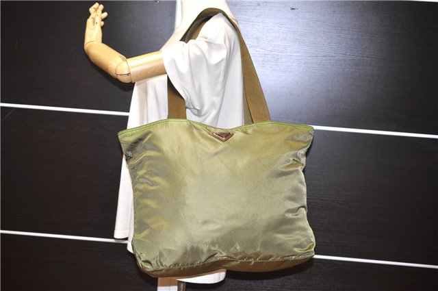 Authentic PRADA Nylon Tessuto Leather Shoulder Tote Bag Green 0940G