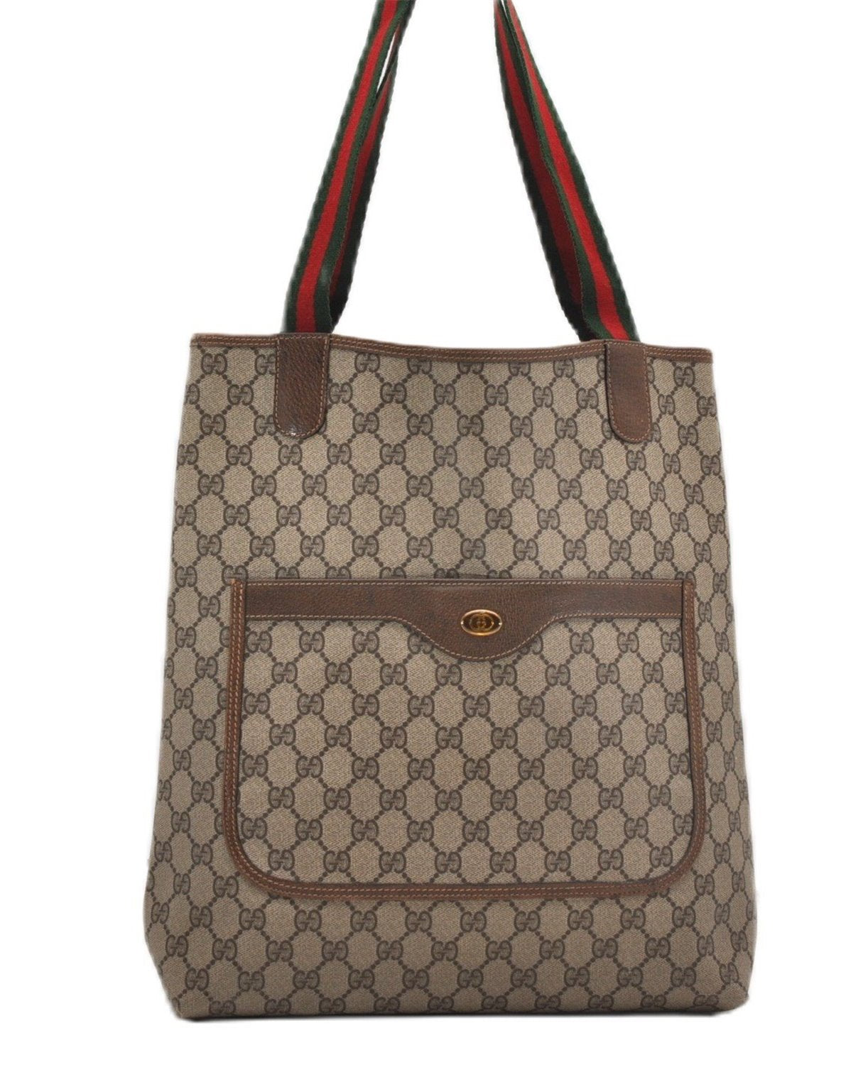 Authentic GUCCI Web Sherry Line Shoulder Tote Bag GG PVC Leather Brown 0942G