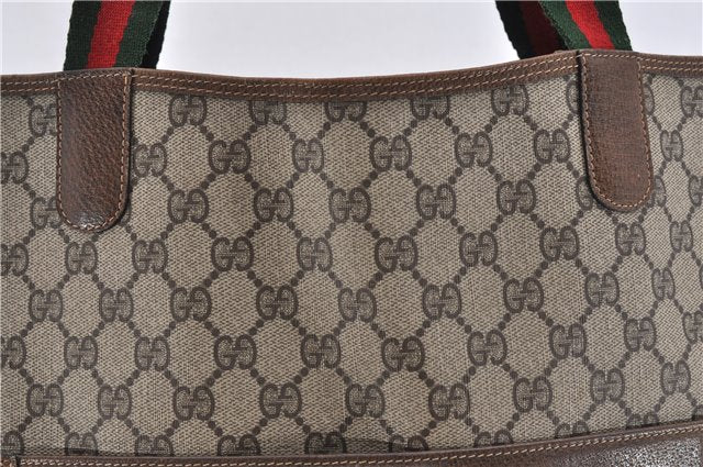 Authentic GUCCI Web Sherry Line Shoulder Tote Bag GG PVC Leather Brown 0942G