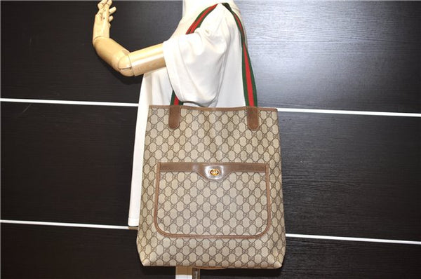 Authentic GUCCI Web Sherry Line Shoulder Tote Bag GG PVC Leather Brown 0942G