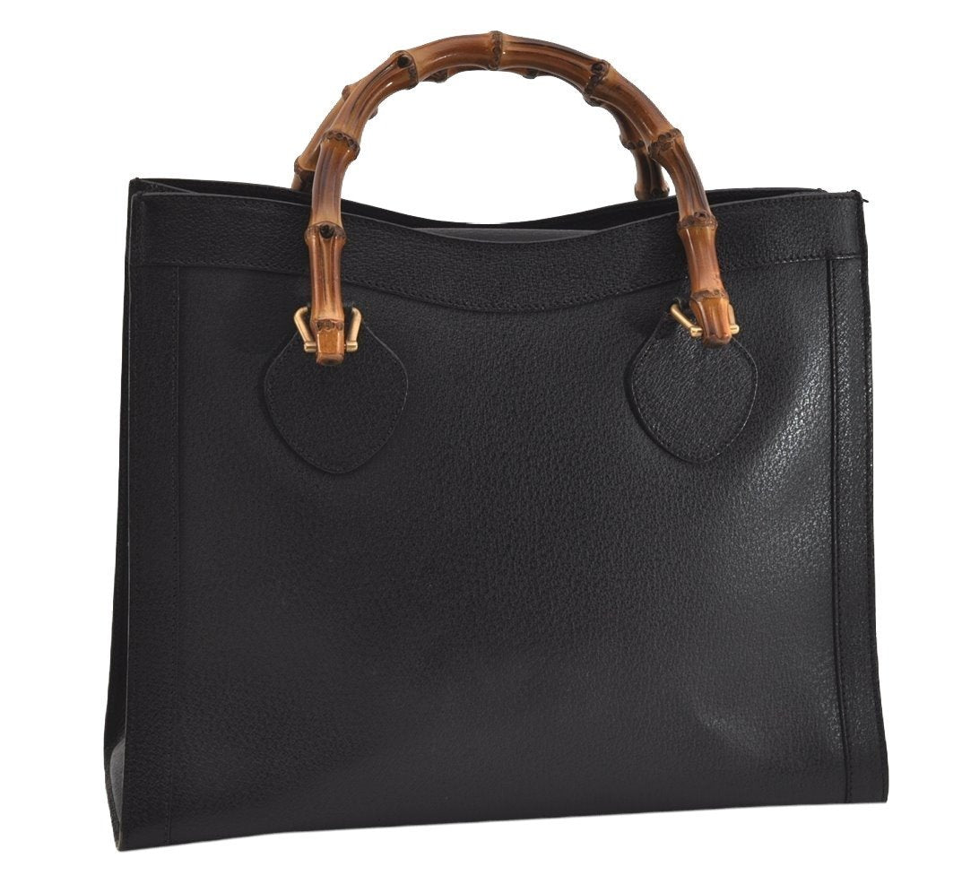 Authentic GUCCI Vintage Bamboo Hand Bag Leather Black Junk 0944I