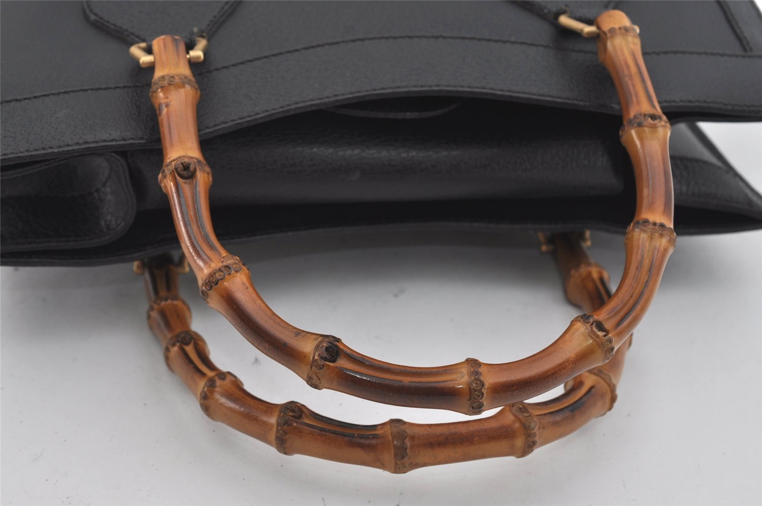 Authentic GUCCI Vintage Bamboo Hand Bag Leather Black Junk 0944I