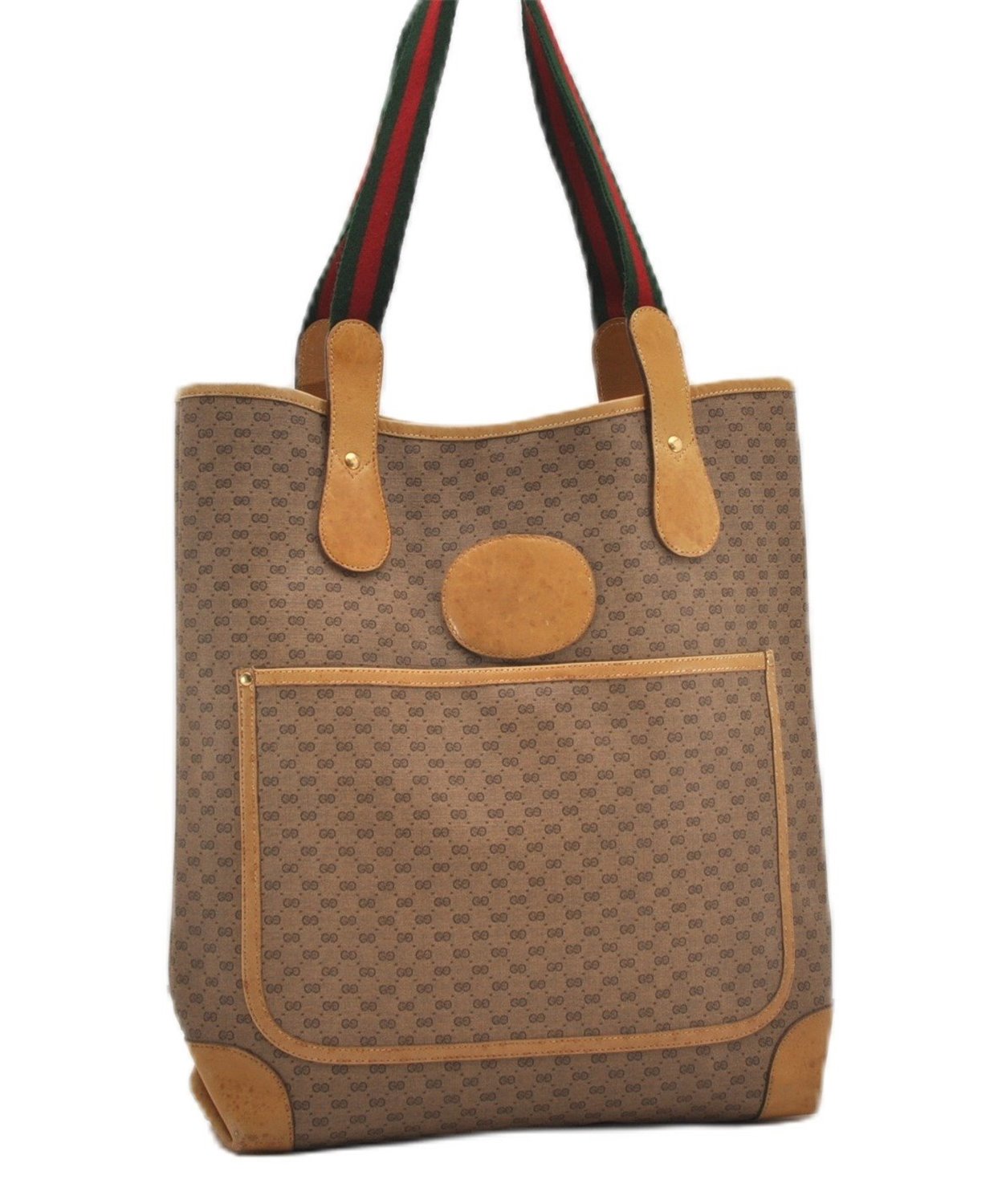 Authentic GUCCI Web Sherry Line Micro GG Tote Bag PVC Leather Brown 0945G