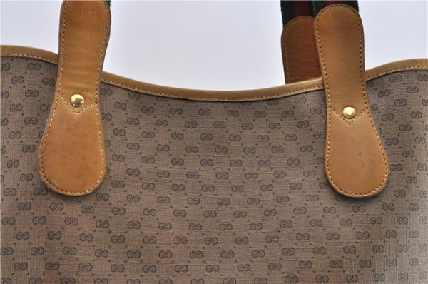 Authentic GUCCI Web Sherry Line Micro GG Tote Bag PVC Leather Brown 0945G