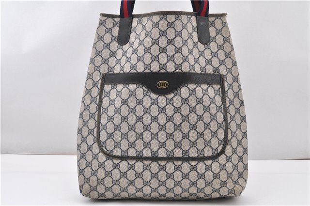 Authentic GUCCI Sherry Line Shoulder Tote Bag GG PVC Leather Navy Blue 0946G