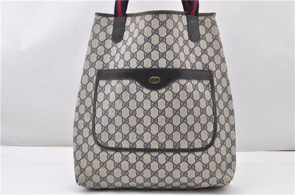 GUCCI GG Canvas Sherry Line Shoulder Bag PVC Leather Gray Red Navy
