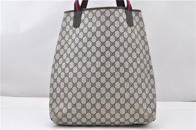 Authentic GUCCI Sherry Line Shoulder Tote Bag GG PVC Leather Navy Blue 0946G