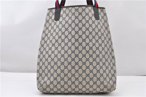 Authentic GUCCI Sherry Line Shoulder Tote Bag GG PVC Leather Navy Blue 0946G