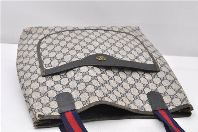 Authentic GUCCI Sherry Line Shoulder Tote Bag GG PVC Leather Navy Blue 0946G