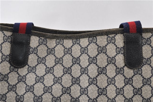 Authentic GUCCI Sherry Line Shoulder Tote Bag GG PVC Leather Navy Blue 0946G