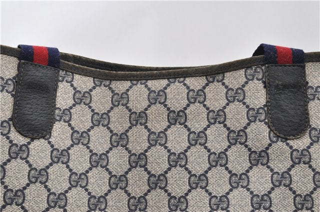 Authentic GUCCI Sherry Line Shoulder Tote Bag GG PVC Leather Navy Blue 0946G