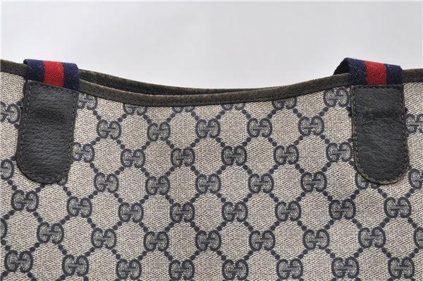 Authentic GUCCI Sherry Line Shoulder Tote Bag GG PVC Leather Navy Blue 0946G