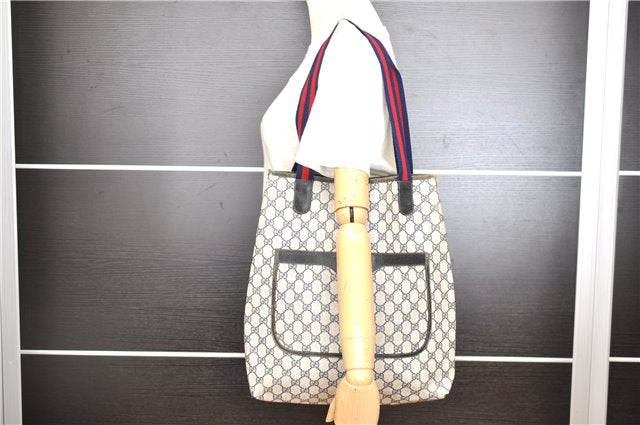 Authentic GUCCI Sherry Line Shoulder Tote Bag GG PVC Leather Navy Blue 0946G