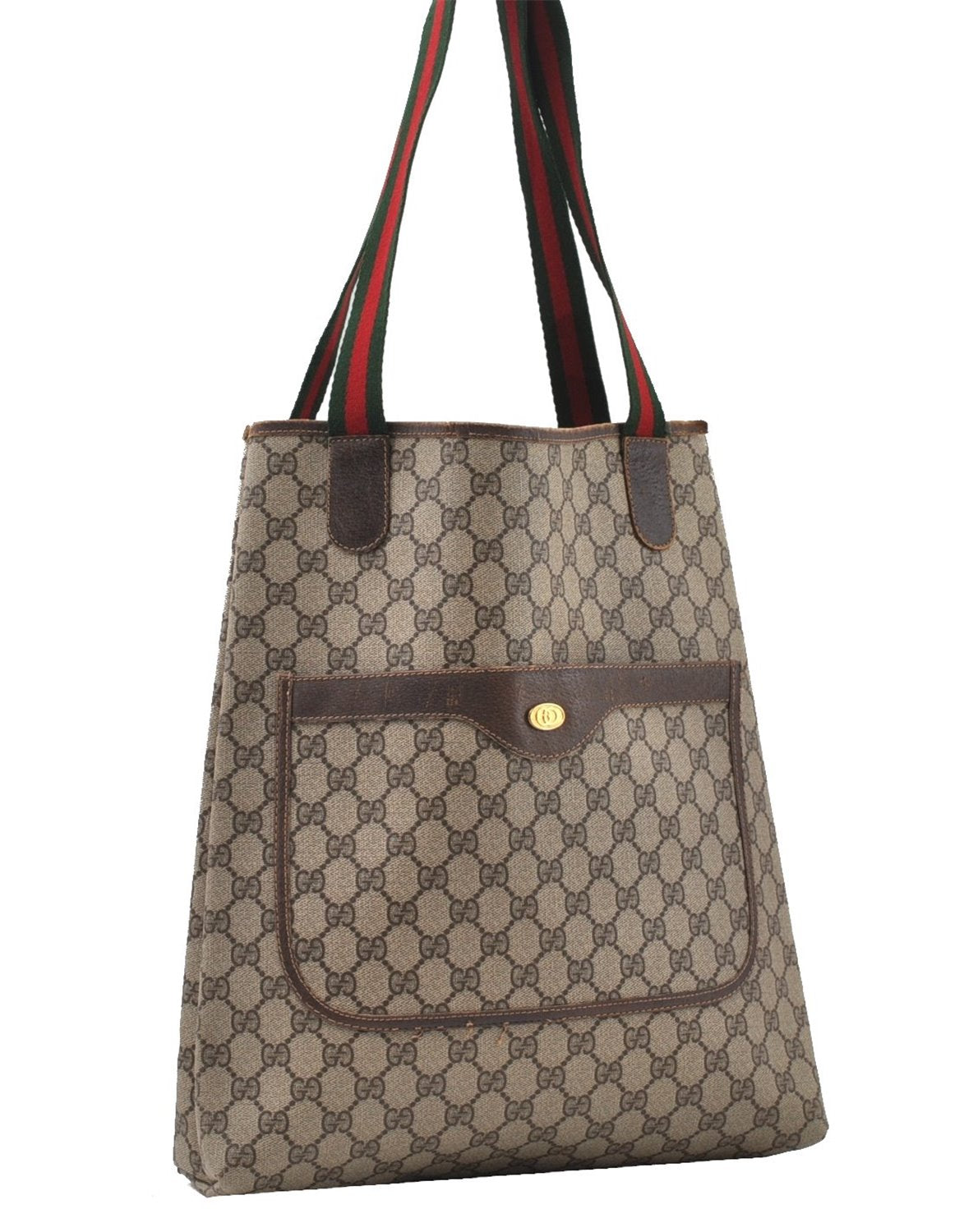 Authentic GUCCI Web Sherry Line Shoulder Tote Bag GG PVC Leather Brown 0947G