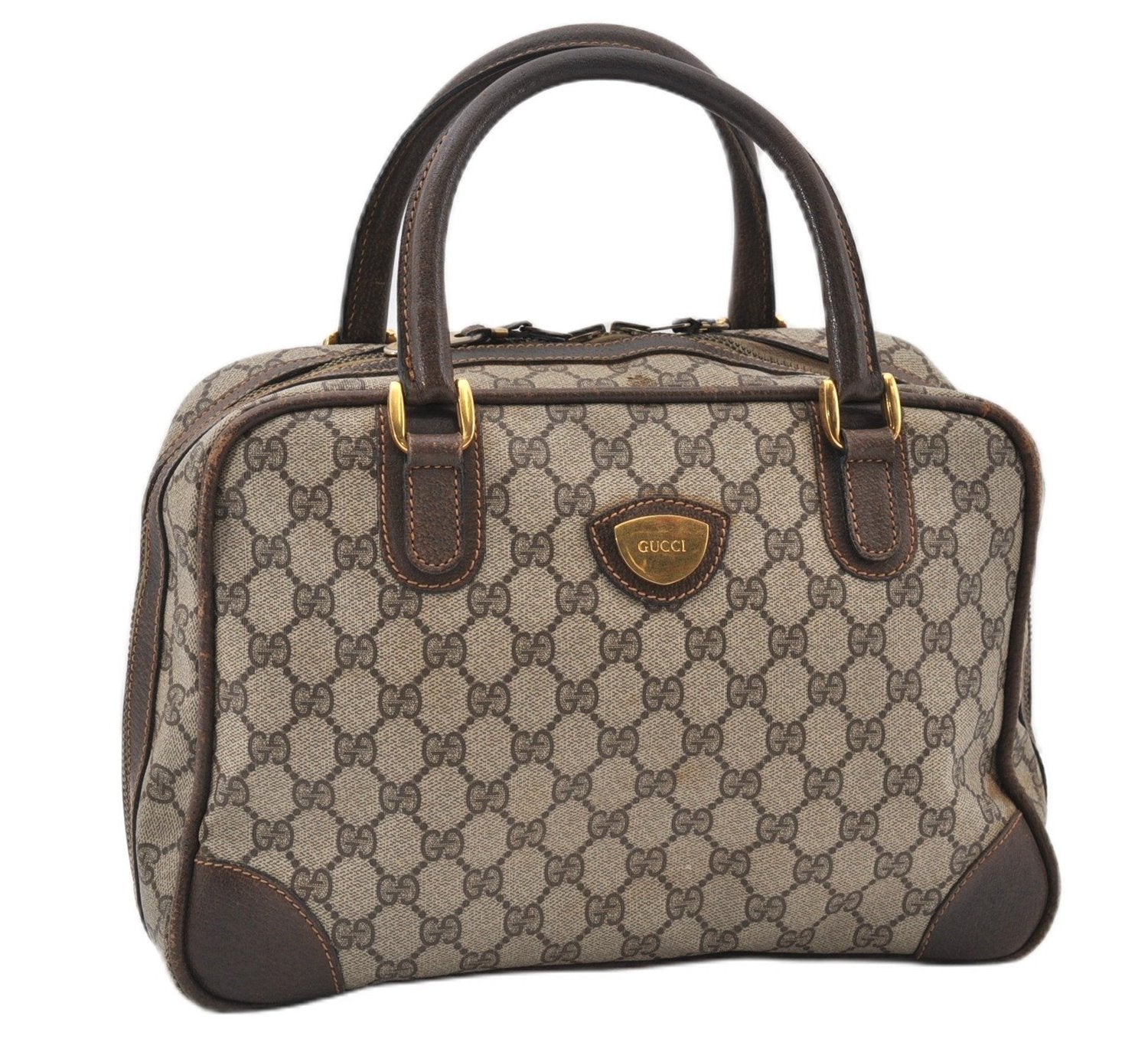 Authentic GUCCI Vintage Hand Boston Bag GG PVC Leather Brown Junk 0948G