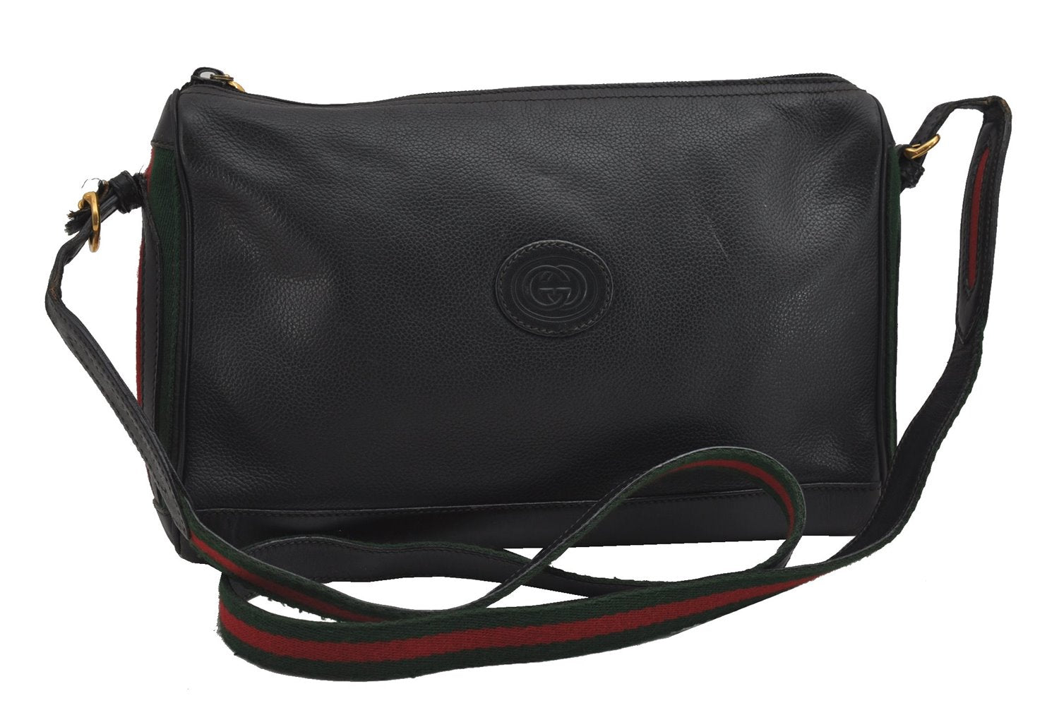 Authentic GUCCI Web Sherry Line Shoulder Cross Body Bag Leather Black 0953G