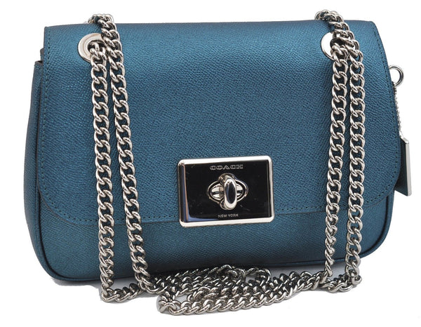 Authentic COACH Vintage Chain Shoulder Hand Bag Purse Leather F38073 Blue 0955F