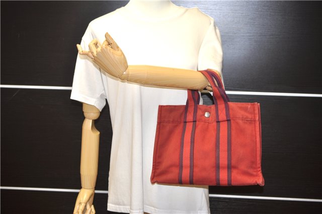 Authentic HERMES Fourre Tout PM Hand Tote Bag Canvas Wine Red 0960G