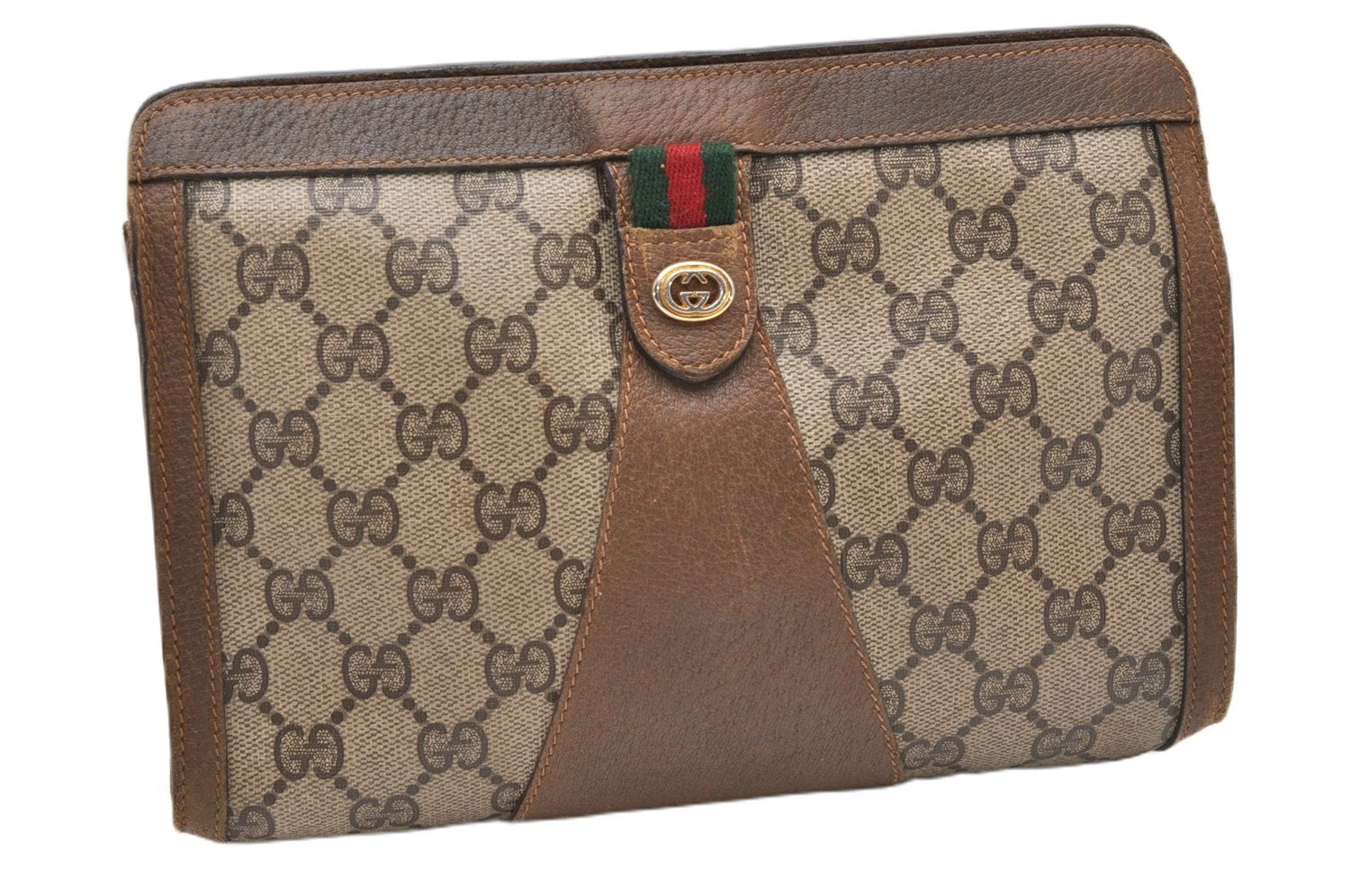 Authentic GUCCI Web Sherry Line Clutch Hand Bag Purse GG PVC Leather Brown 0963G
