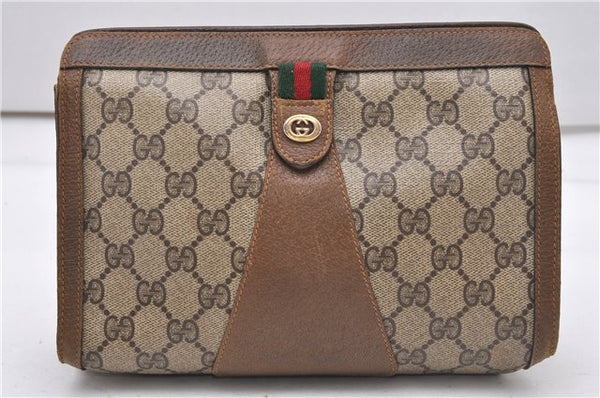 Authentic GUCCI Web Sherry Line Clutch Hand Bag Purse GG PVC Leather Brown 0963G