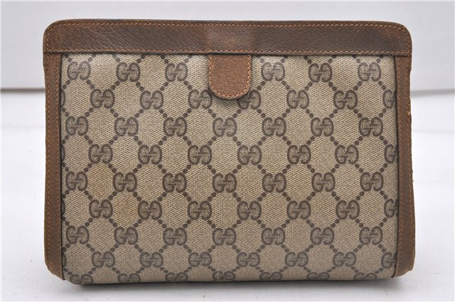 Authentic GUCCI Web Sherry Line Clutch Hand Bag Purse GG PVC Leather Brown 0963G