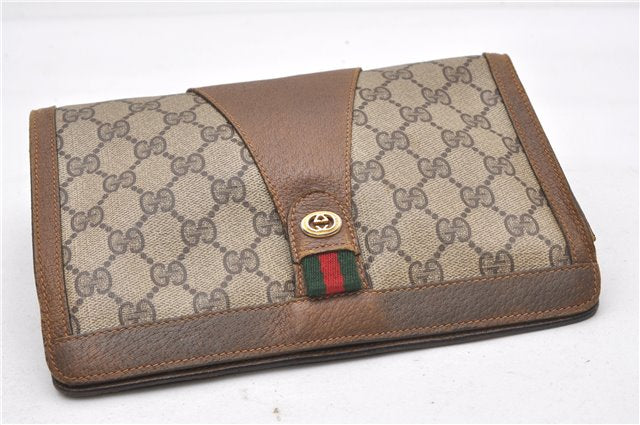 Authentic GUCCI Web Sherry Line Clutch Hand Bag Purse GG PVC Leather Brown 0963G