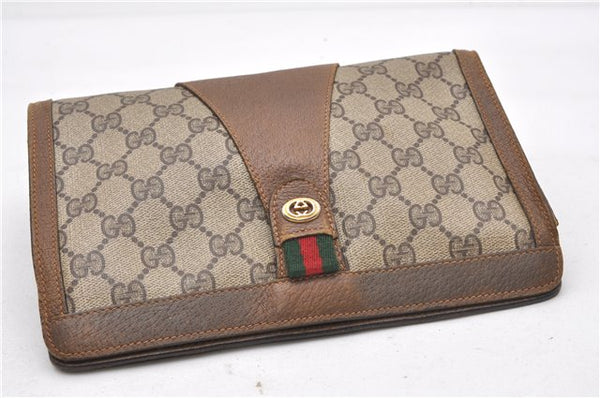 Authentic GUCCI Web Sherry Line Clutch Hand Bag Purse GG PVC Leather Brown 0963G