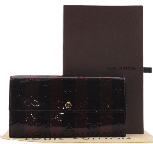 Auth Louis Vuitton Vernis Rayures Portefeuille Sarah Wallet Wine Red Box 0965F