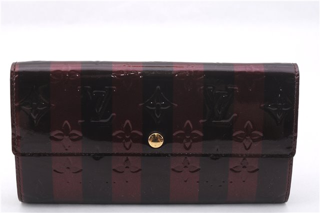 Auth Louis Vuitton Vernis Rayures Portefeuille Sarah Wallet Wine Red Box 0965F