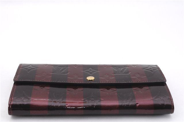 Auth Louis Vuitton Vernis Rayures Portefeuille Sarah Wallet Wine Red Box 0965F