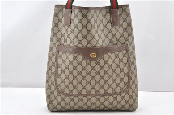 Authentic GUCCI Web Sherry Line Shoulder Tote Bag GG PVC Leather Brown 0965G