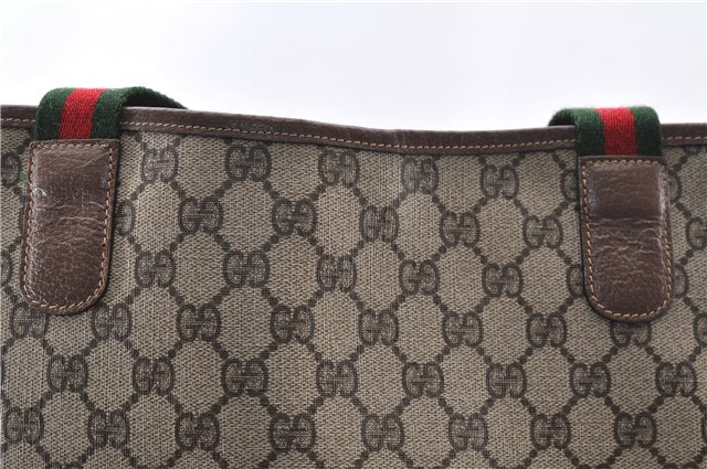 Authentic GUCCI Web Sherry Line Shoulder Tote Bag GG PVC Leather Brown 0965G