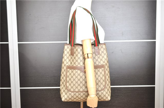 Authentic GUCCI Web Sherry Line Shoulder Tote Bag GG PVC Leather Brown 0965G