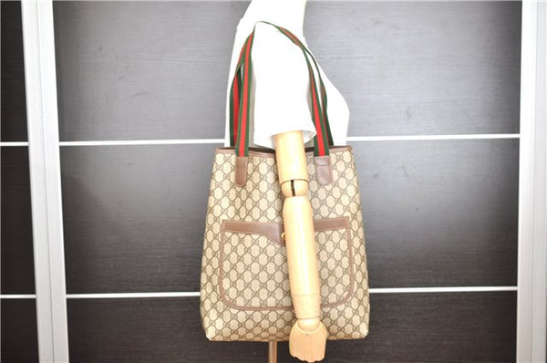 Authentic GUCCI Web Sherry Line Shoulder Tote Bag GG PVC Leather Brown 0965G