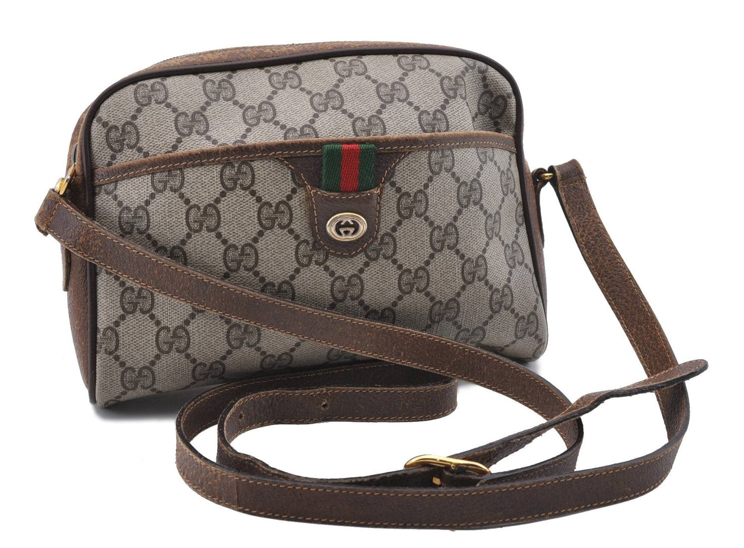 Auth GUCCI Web Sherry Line Shoulder Cross Body Bag GG PVC Leather Brown 0966D