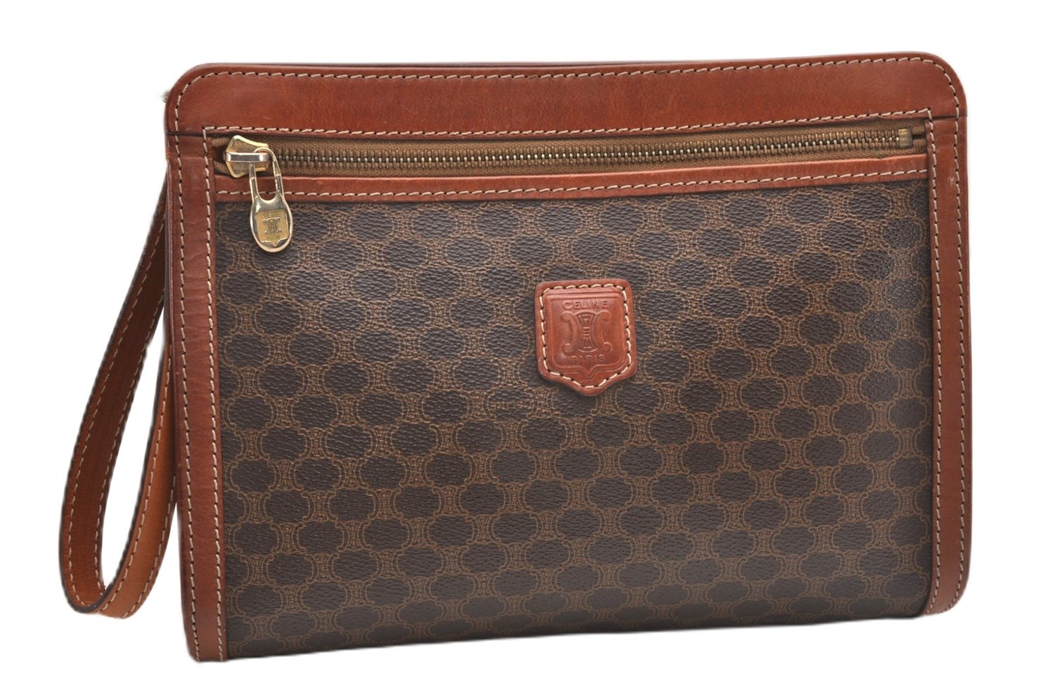 Authentic CELINE Macadam Blason Pattern Clutch Hand Bag PVC Leather Brown 0976G