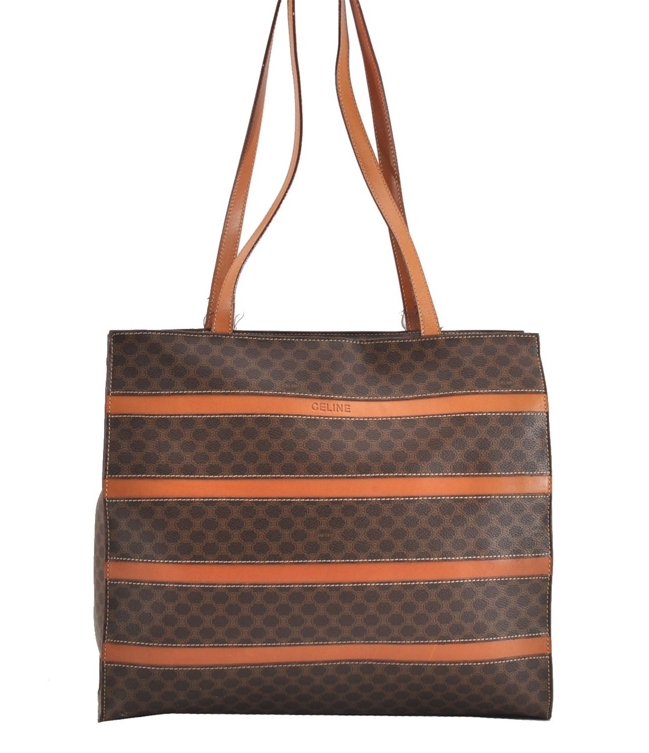 Authentic CELINE Macadam Blason Shoulder Tote Bag PVC Leather Brown 0977G