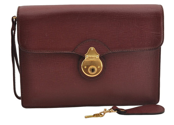 Authentic Burberrys Vintage Leather Clutch Hand Bag Purse Bordeaux Red 0977I