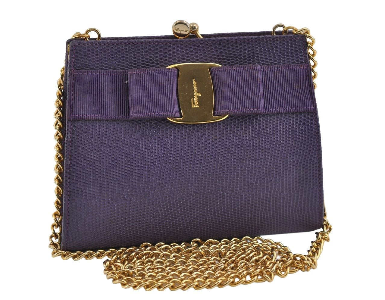 Authentic Salvatore Ferragamo Vara Shoulder Cross Body Bag Leather Purple 0979I