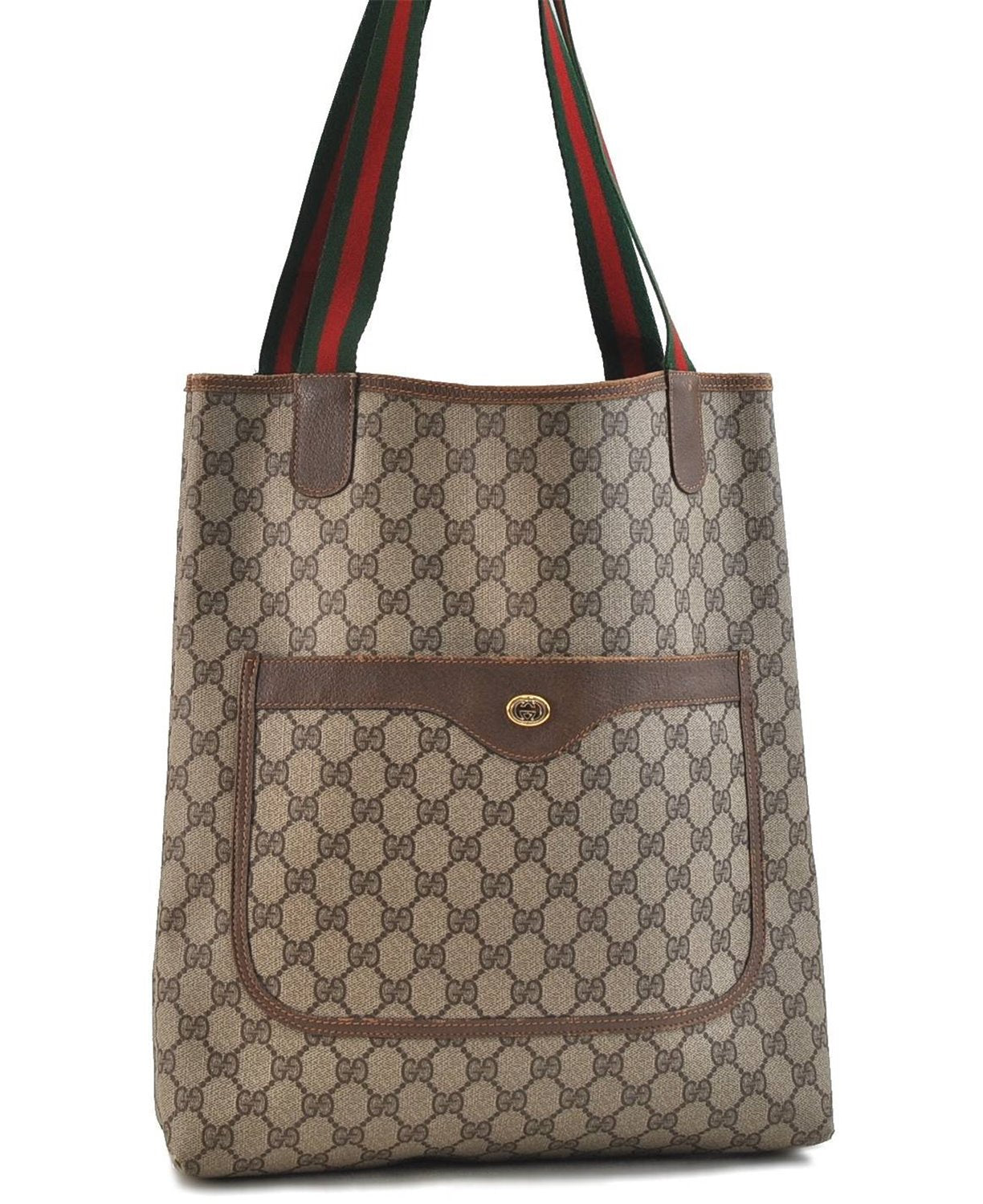 Authentic GUCCI Web Sherry Line Shoulder Tote Bag GG PVC Leather Brown 0980D