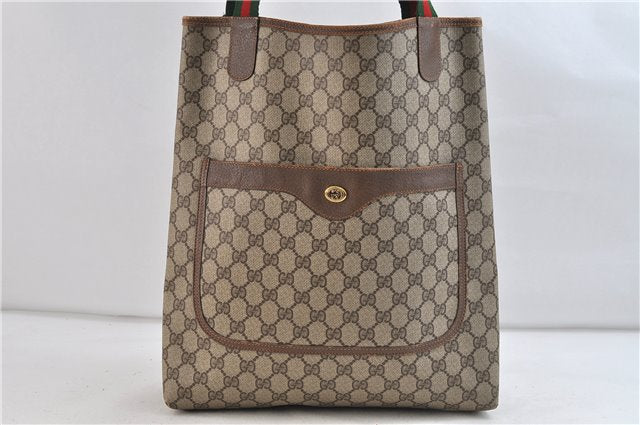 Authentic GUCCI Web Sherry Line Shoulder Tote Bag GG PVC Leather Brown 0980D