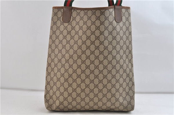 Authentic GUCCI Web Sherry Line Shoulder Tote Bag GG PVC Leather Brown 0980D