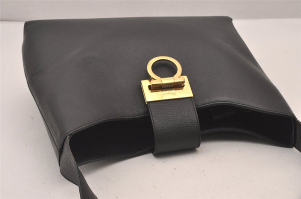 Authentic Salvatore Ferragamo Gancini Vintage Leather Shoulder Bag Black 0981I