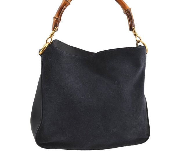 Authentic GUCCI Bamboo Shoulder Hand Bag Purse Suede Leather Navy Blue 0983I
