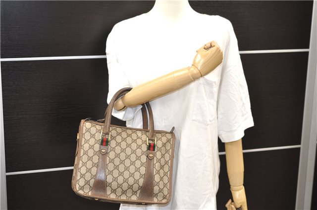 Auth GUCCI Web Sherry Line 2Way Shoulder Hand Bag GG PVC Leather Brown 0984D