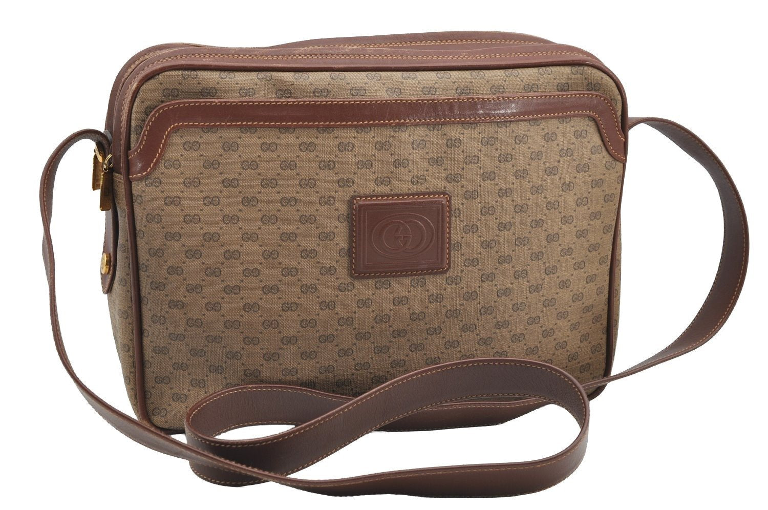 Authentic GUCCI Micro GG PVC Leather Shoulder Cross Body Bag Purse Brown 0984I